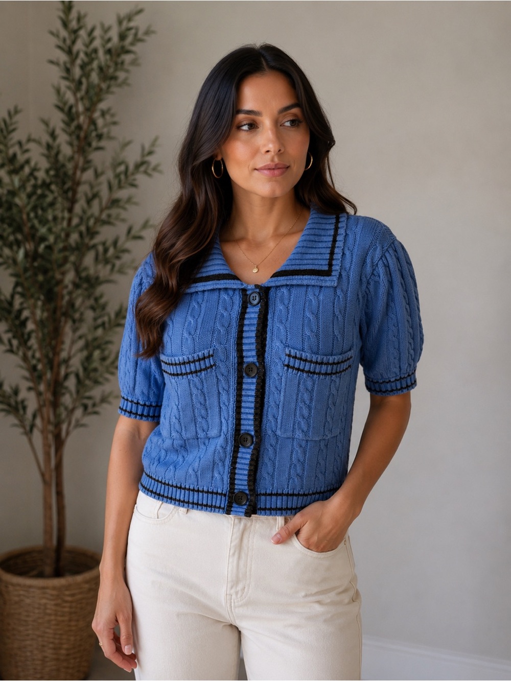 Sea New York Blue Cable-Knit Pocket Cardigan Jacket